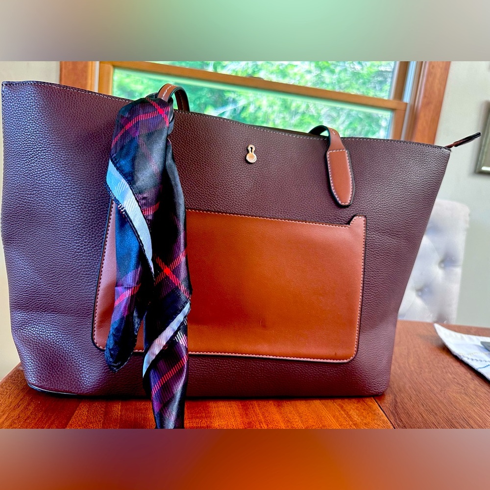 London Fog Mercer Tote w/ Plaid Scarf Black Cognac Trim Leather Handbags NWOT